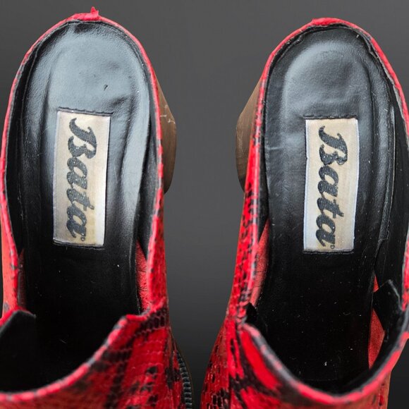 Vintage 90s Bata Chunky Mules US Size 7.5 Red Black Snake Print Leather Heels - Picture 8 of 10
